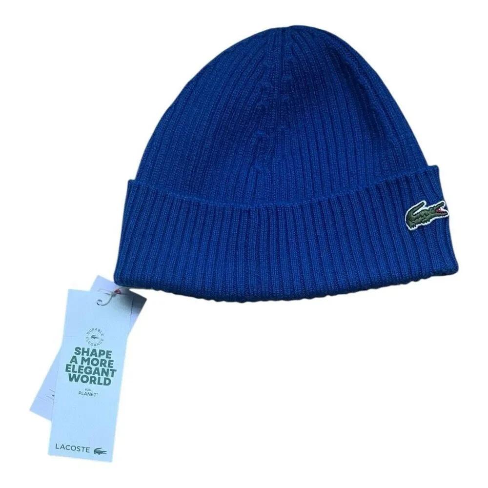 Lacoste Unisex Rib Knit Beanie Hat Wool Cuffed Winter Cap w/ Crocodile Logo Blue